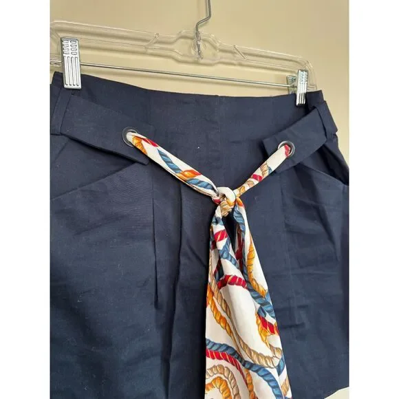 MANGO - High Waisted Navy Blue Women's Shorts with Scarf Belt Size 4 - Picture 6 of 8